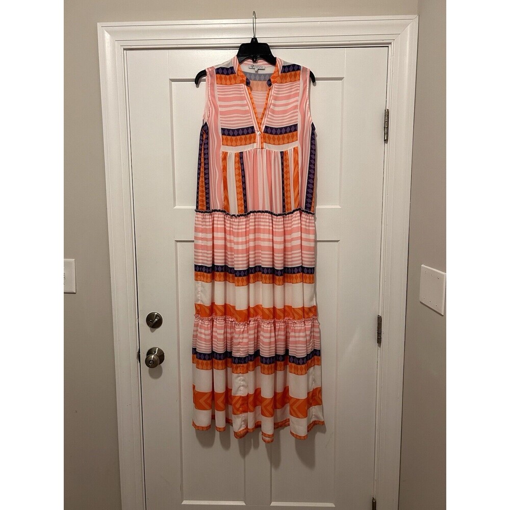 Womens Collection By Cezele Maxi Dress Size Small Pink Striped Tiered Ruffles